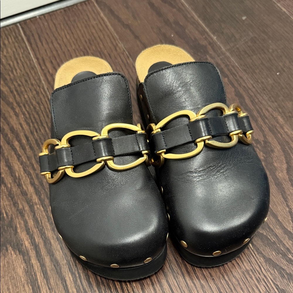 Maje Black Leather Clog Mules with Gold Chain Accent